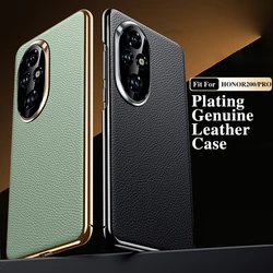 Original Leather Case For HONOR 200 PRO Plating Genuine cowhide Lichee Pattern Lens Protection Shockproof Hard Phone Cover