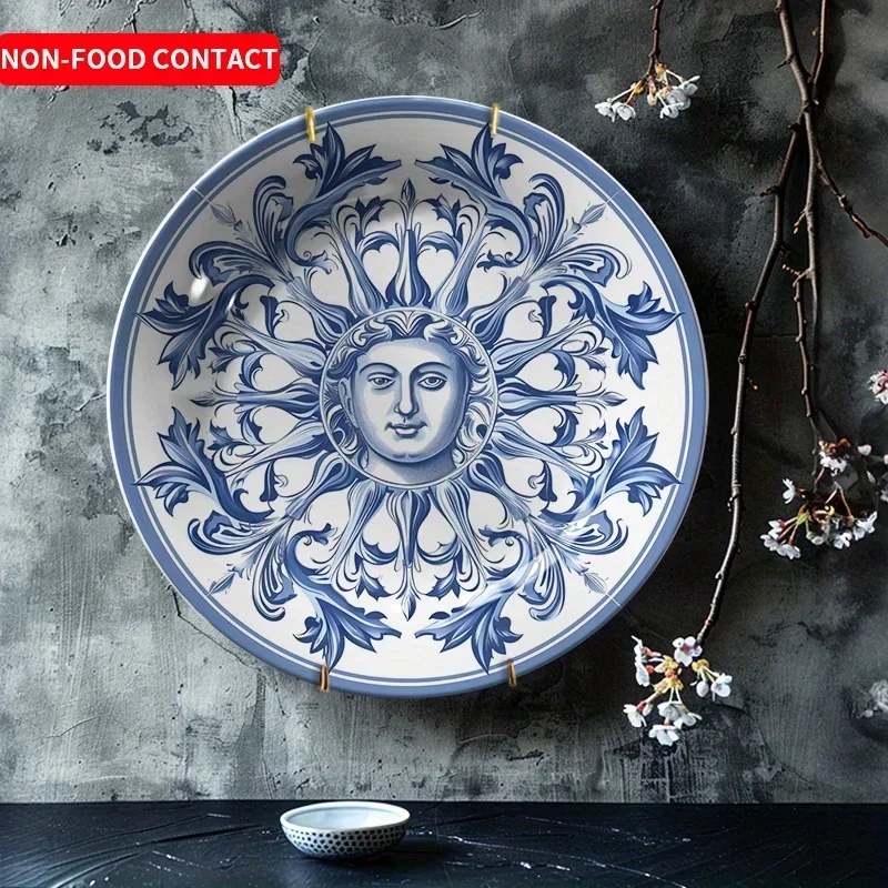 1pc Blue and White Sun Face Ceramic Decorative Plate - Non-Food Contact Art Wall Hanging, Intricate Floral Design for Living