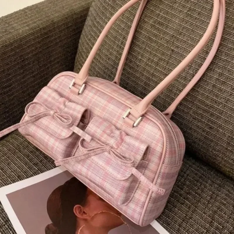 Xiuya Pink Elegant Womens Shoulder Bag Plaid Bow Vintage Leather Cute Leather Handbag Casual Sweet Bow Exquisite New Armpit Bag