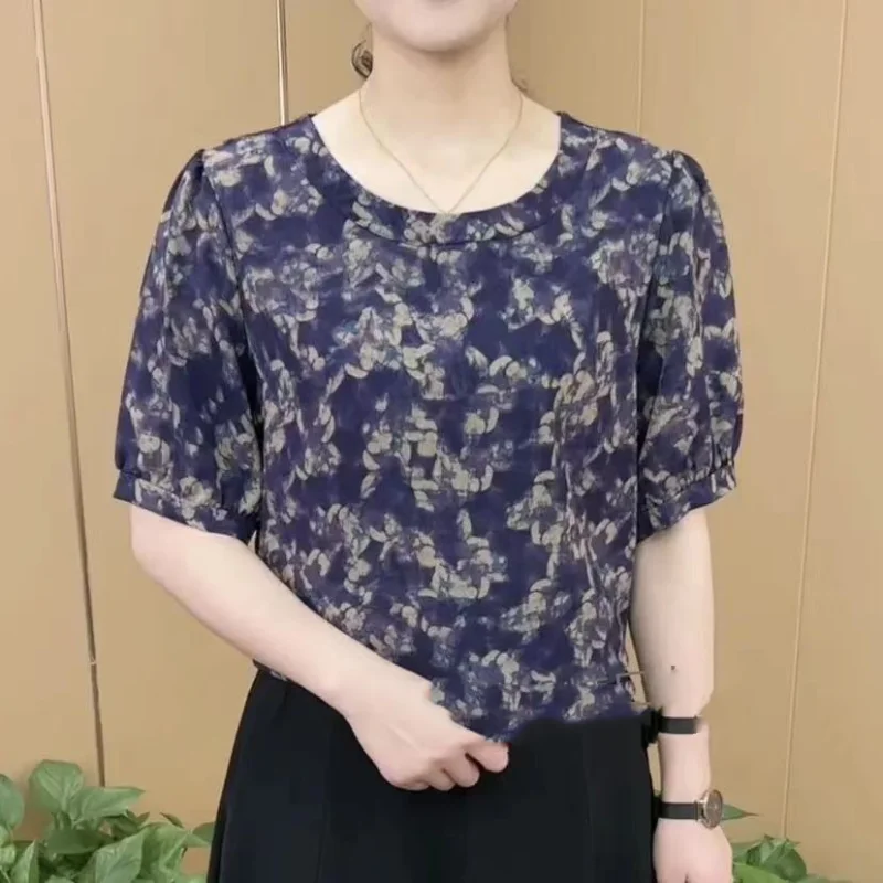 Pulls à col rond en mousseline de soie épissée pour femmes, manches courtes, imprimé, froncé, mode classique, été, nouveau, 2024