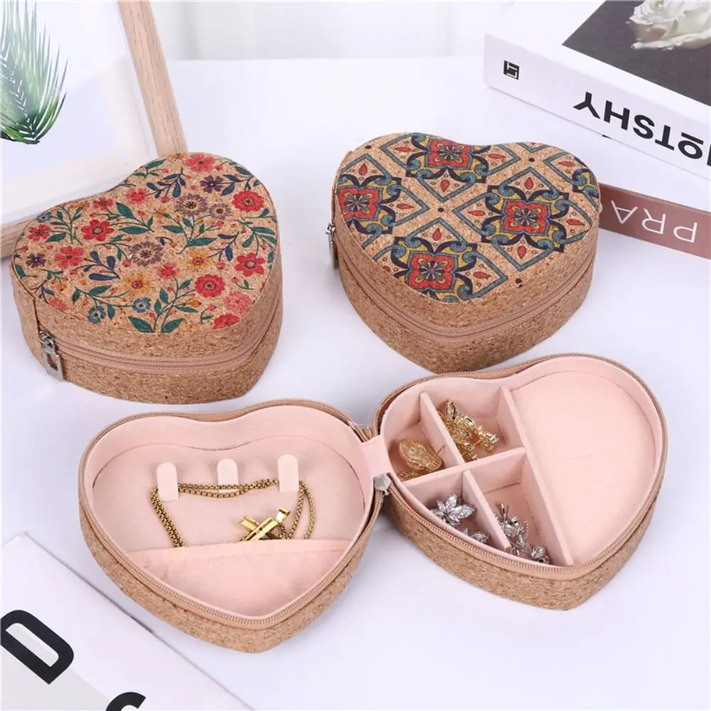 Zipper Heart Shaped Jewelry Box Portable Bohemia Ring Earrings Organizer Lightweight Durable Cork Jewelry Storage Case Travel