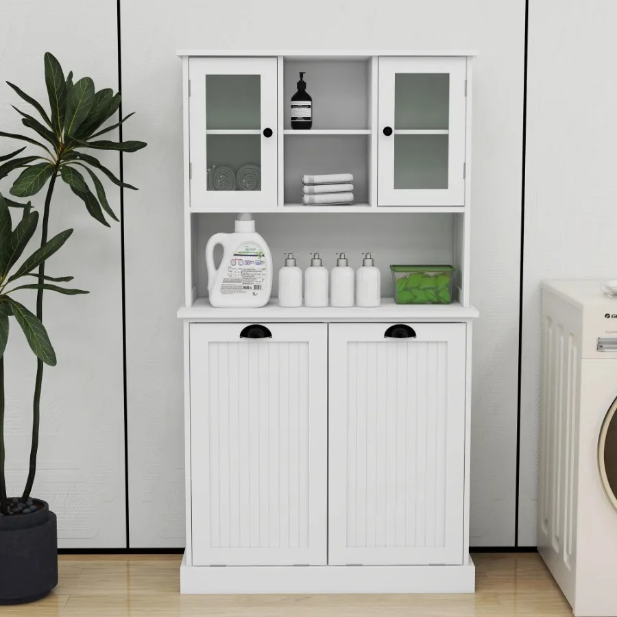 Two-Compartment Tilt-Out Laundry Basket Tall Bathroom Cabinet with 2 Adjustable Shelves White