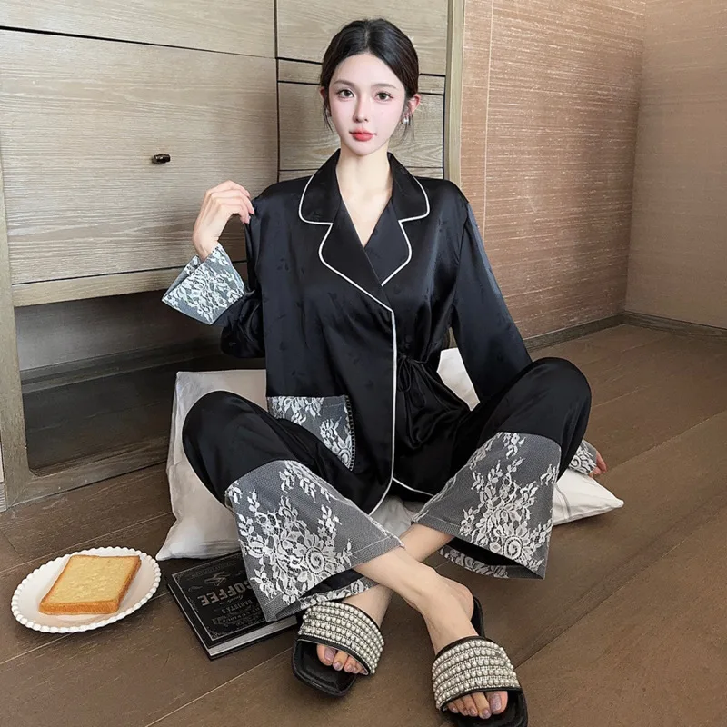 Luxury V-neck Fall New Nightgown Woman Ice Silk Lace High Quality Chic Sweet Jacquard Yarn Sleeve Smooth Two-piece Pyjamas Sets