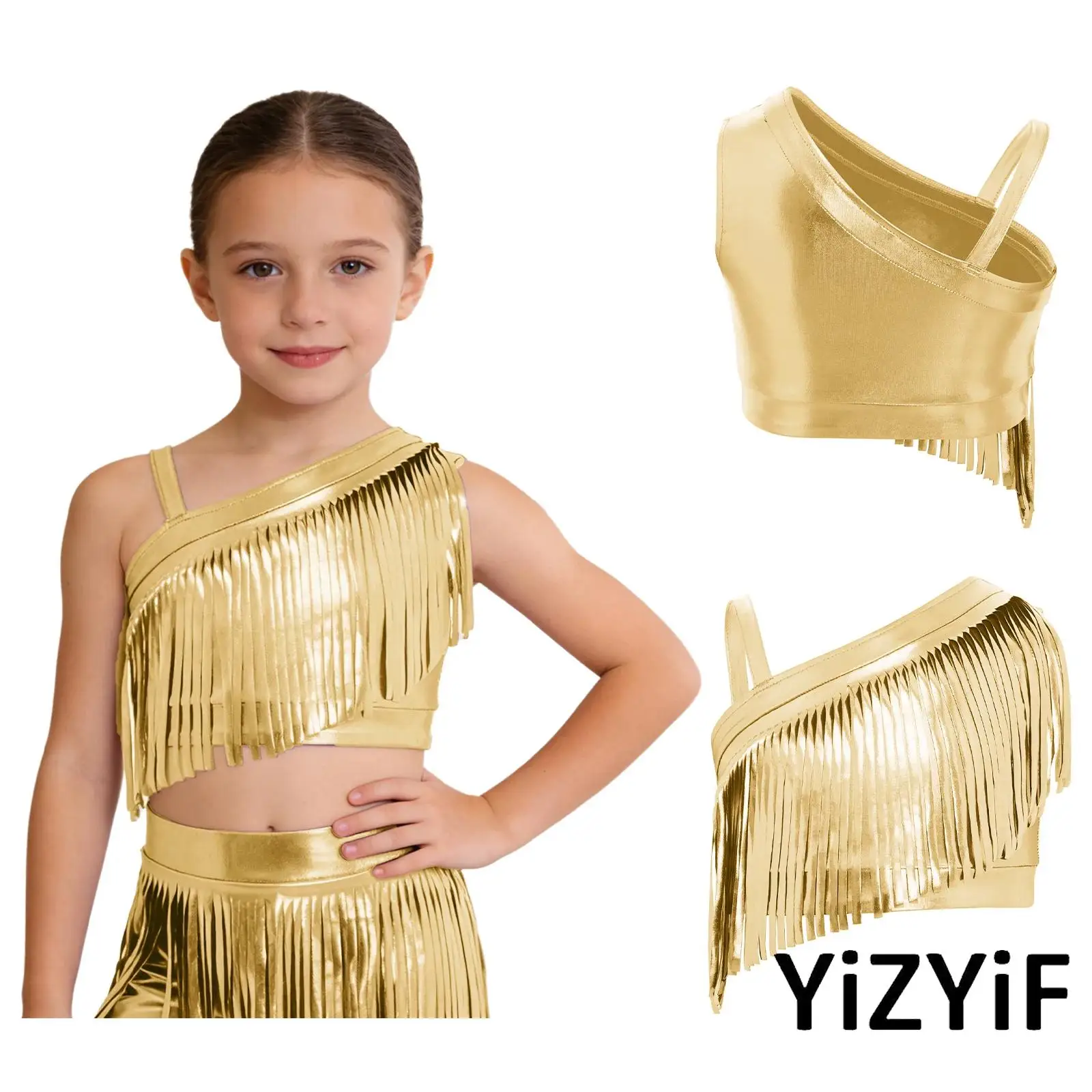 

Kids Girls Jazz Disco Dance Clothing Asymmetrical Shoulder Metallic Tassels Crop Top/Skirt for Cheerleading Stage Competition