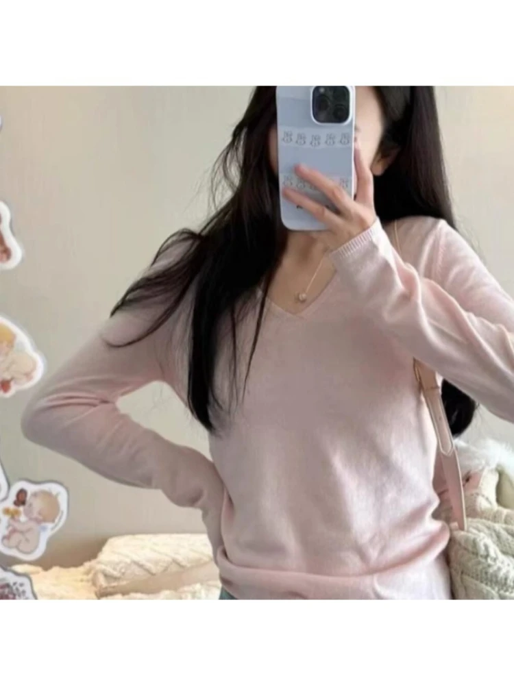 ZACK RAIN Women long-sleeved top 2024 FALL Quarter  ladies Casual Tops Suit Female pink V-neck knitted long-sleeved top