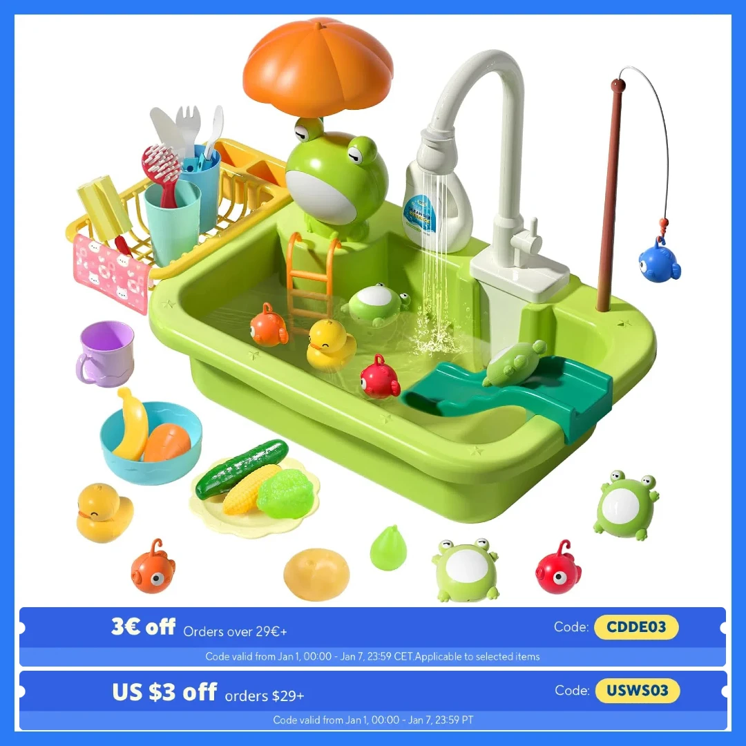 CUTE STONE Play Sink w/ Running Water, Electric Faucet, Kitchen & Pool Toys, Role Play Dishwasher