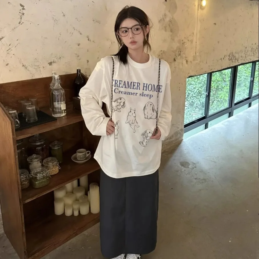 

Casual Loose Simple Basic Women T-Shirt Autumn New Fashion Street Woman T-Shirt Korean O-Neck White Long Sleeved Top Female