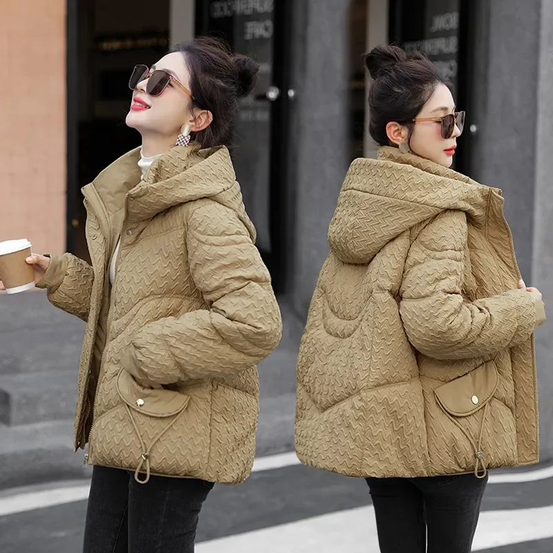 

Winter Overcoat Parkas 2024 New Cotton-Padded Jacket Women's Loose Hooded Outerwear Fashion Pocket Short Cotton Coat Female