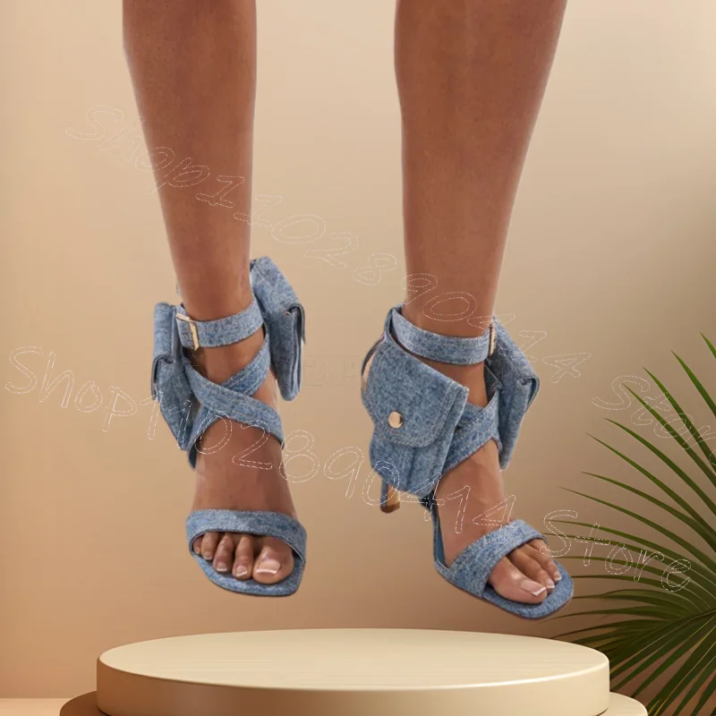 

Blue Denim Pockets Design Open Toe Sandals Buckle Strap Women Shoes Thin High Heels Party Feast Dating 2026 Zapatos Para Mujere