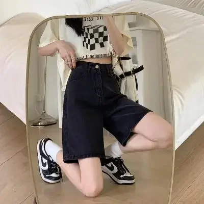 High Waist Five-Quarter Women's Jeans Straight Leg Slimming American Retro Design Loose Wide Leg Mid-Length Shorts