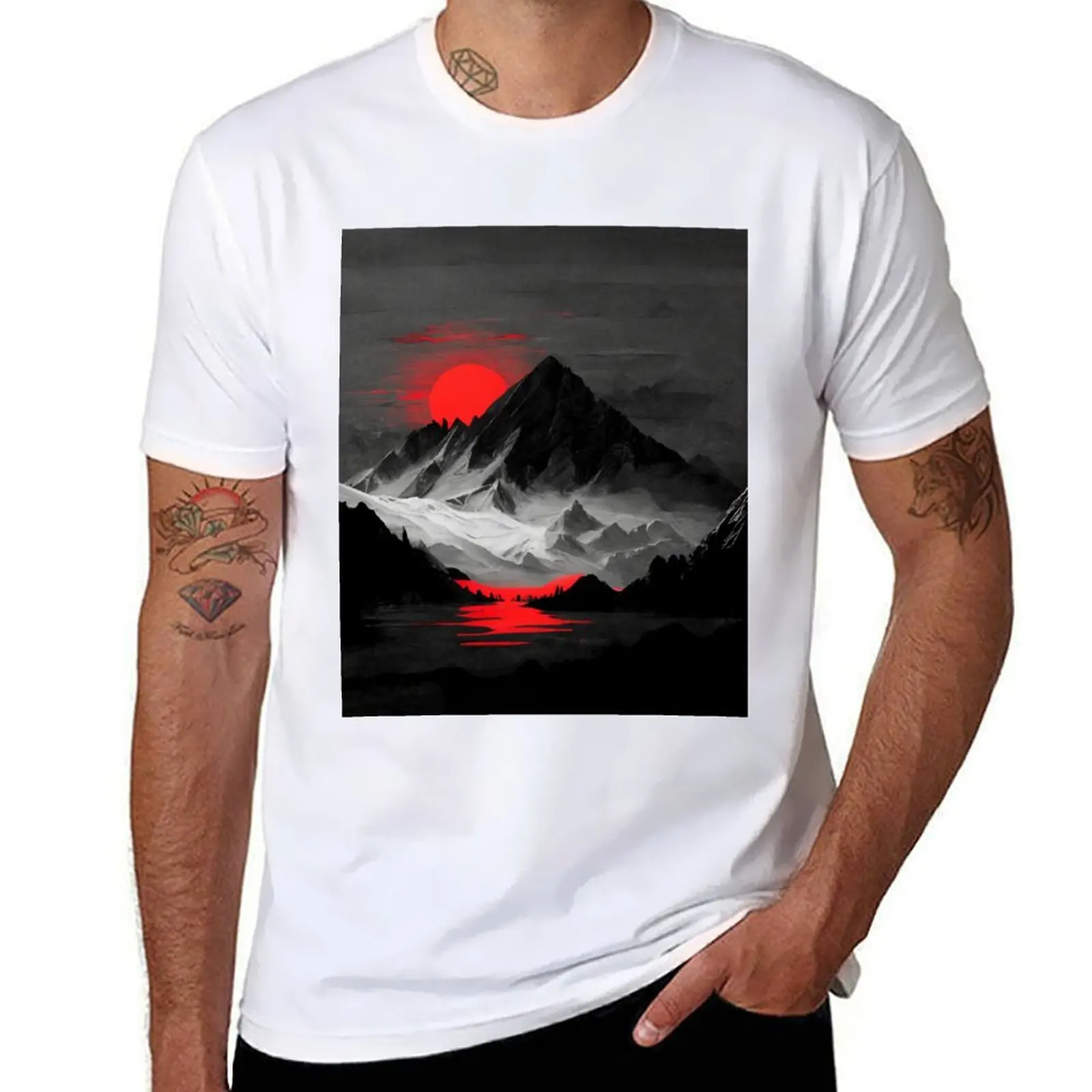 

Dark mountain range in black and white with red accents T-Shirt man t shirt graphic cotton t shirt man T-Shirt