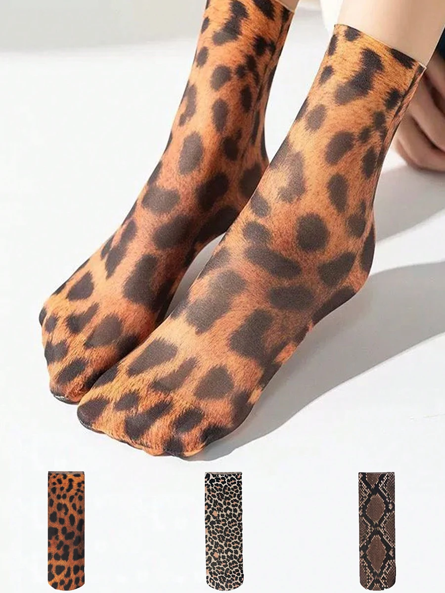 3 Paar modische Frühlings- und Sommersocken mit Leopardenmuster und Schlangenmuster, Tigermuster, bequeme und atmungsaktive dünne Socken