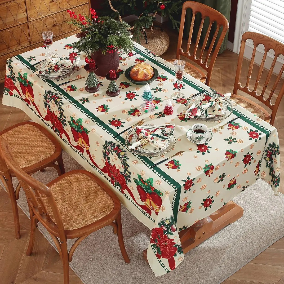 Christmas Poinsettia Holly Berries Tablecloths for Table Decor Winter Holiday Kitchen Dining Table Cloth Christmas Decorations