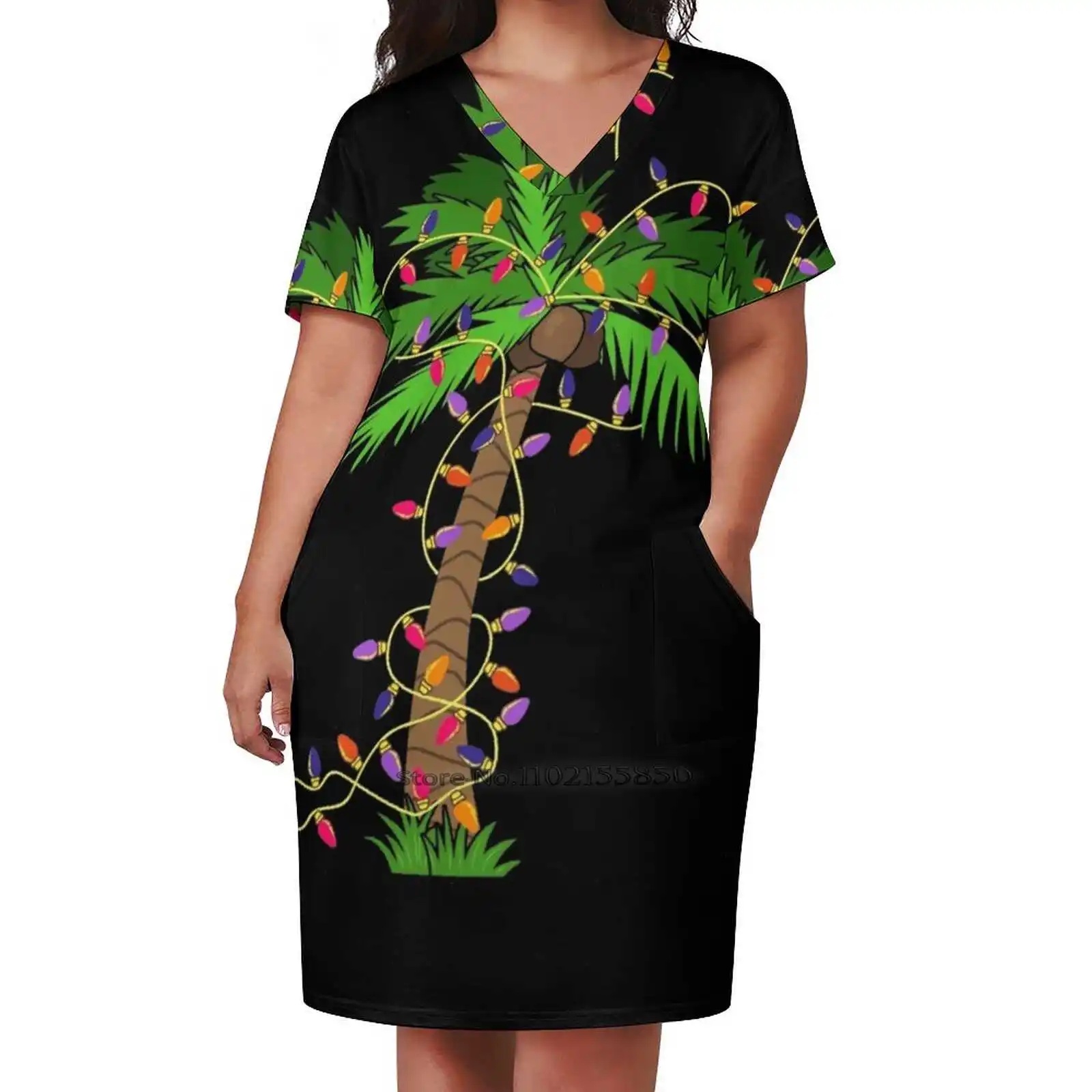 

Christmas Palm Tree Tropical Xmas Coconut Lights Funny Gift Loose Pocket Dress Women Casual V Neck Dress Printed Dress