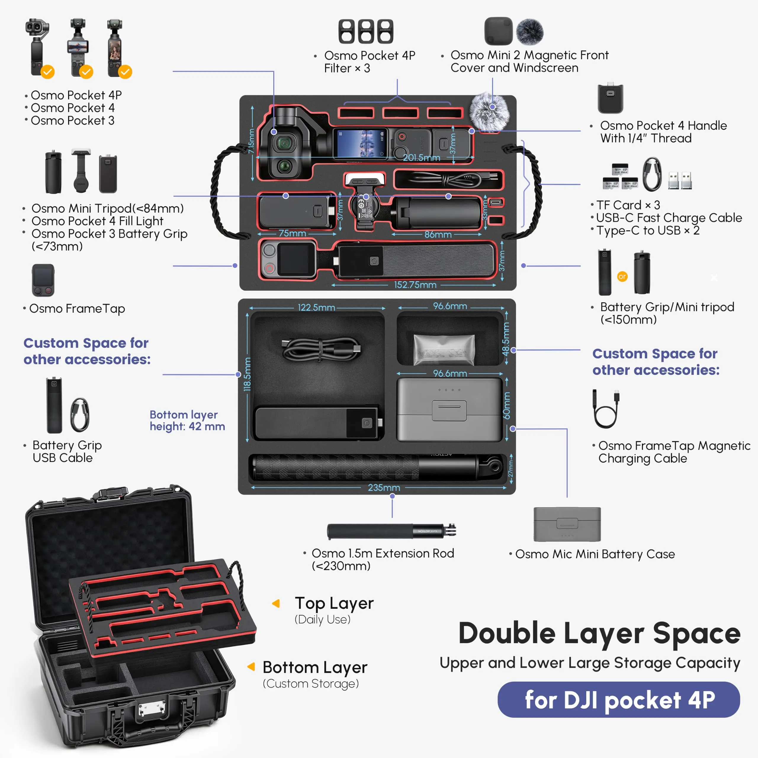 Pocket 4P Waterproof Hard Case for DJI Osmo Pocket 4/4Pro Creator Combo Accessories Double-layer with TSA Lock Travel Box