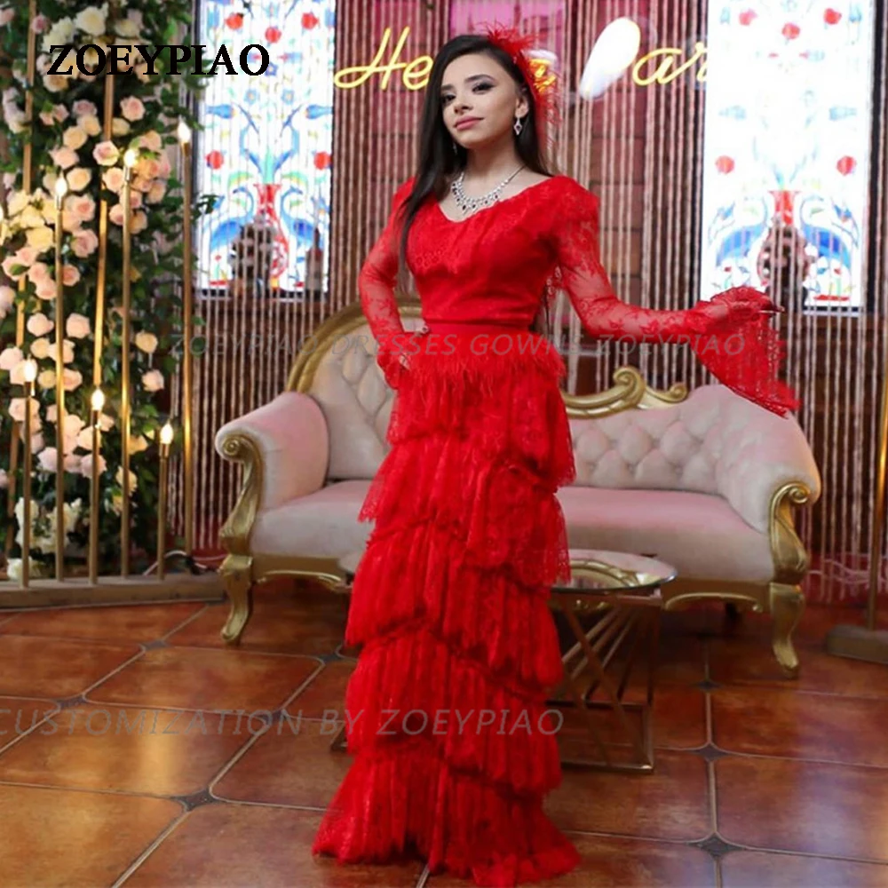 

Red Lace Tiered Women Vintage Formal Party Evening Dresses Long Beach Floor Length Prom Dress Flower Tiered Night Occasion Gowns