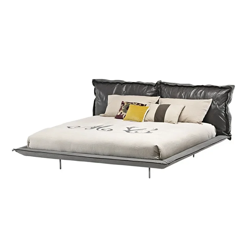 Cowhide leather bed Small apartment master bedroom furniture High-end atmospheric light luxury leather art bed
