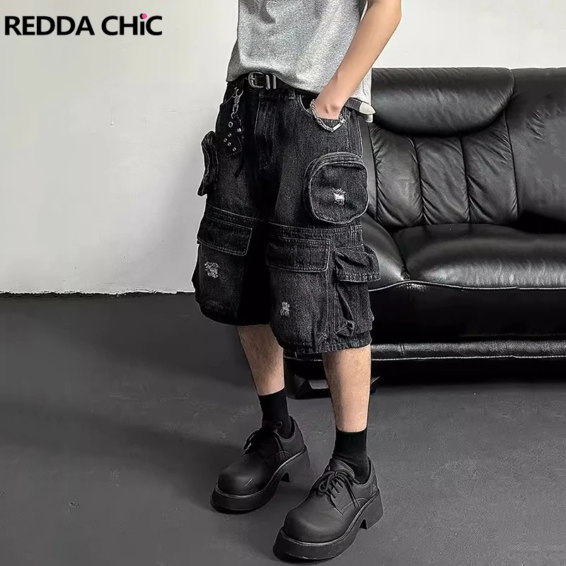 REDDACHiC Hiphop Men Cargo Pockets Denim Shorts Black Washed Destroyed Wide Leg Baggy Jeans Jorts Vintage Harajuku Streetwear