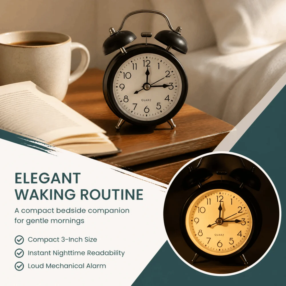 3 Inch Bell Alarm Clock Battery Operated Night Light Kids Alarm Clock Backlight Loud Ringing Metal Alarm Clock For Students