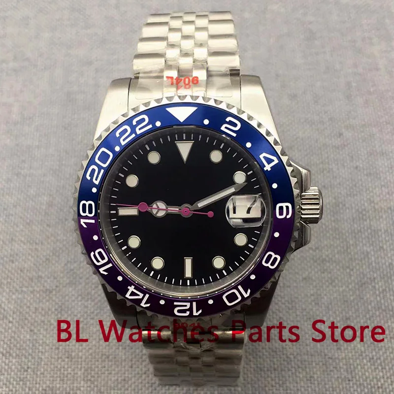 BLIGER 40mm Sterile NH35A Automatic Watch For Men Black Purple Insert Sapphire Glass Screw Crown Luminous Hands Stanless Steel