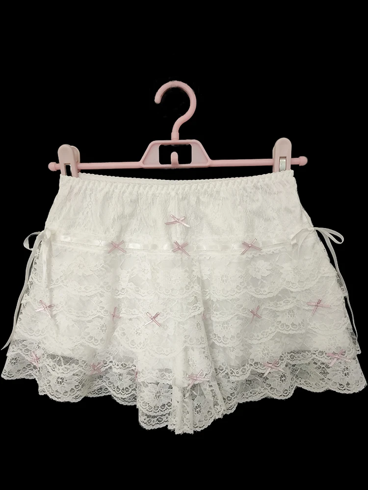 

Cute Lace Safety Short Pants Women Pink Bows Elastic Waist Lolita Style Multi-layered Lace Bottoming Shorts for Sweet Girls