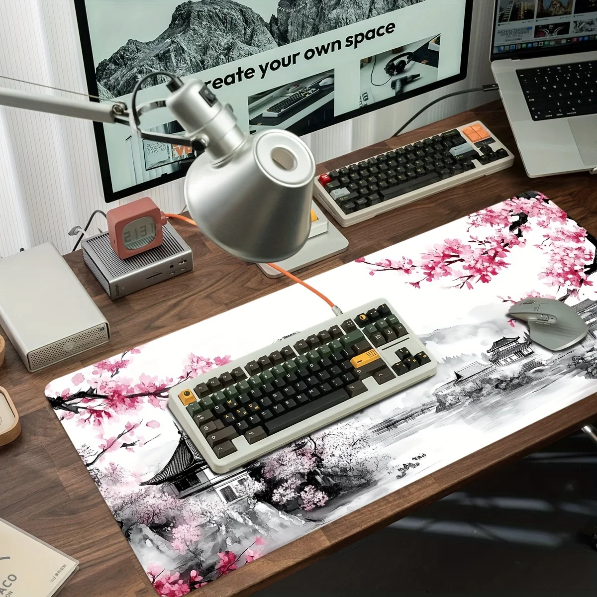 Japanese Ink Painting Cherry Blossom Mount Fuji Large Desk Mat  Mouse Pad Non-slip Rubber Keyboard Pad Gaming Table Mat Office