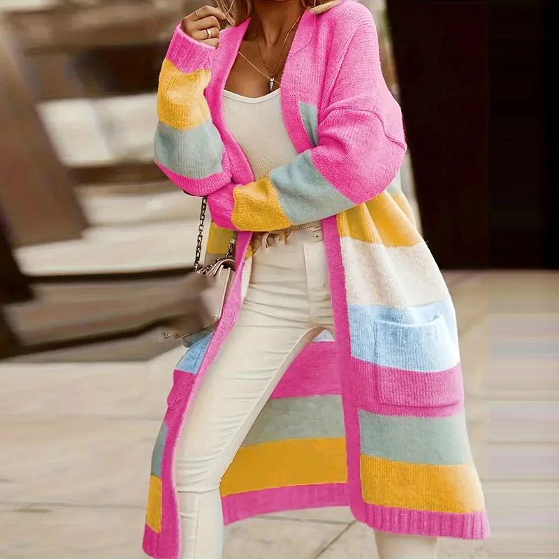 

Autumn Casual Long Sleeve Loose Sweater Coats Winter Women's Fashion Pocket Jackets New Elegant Clashing Color Knitted Cardigan