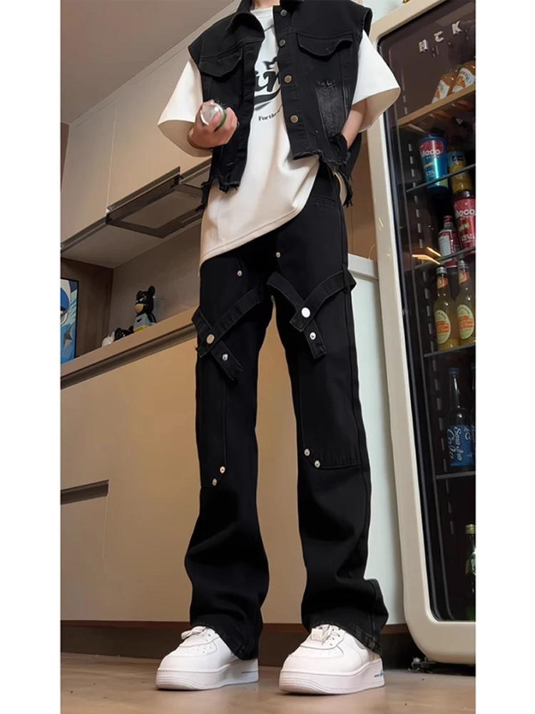 

Cross-Banded High-Waist Men's Jeans Bla Workwear Straight Leg Micro-flared Pants Youthful Trendy Wear-Resistant Stretch Denim