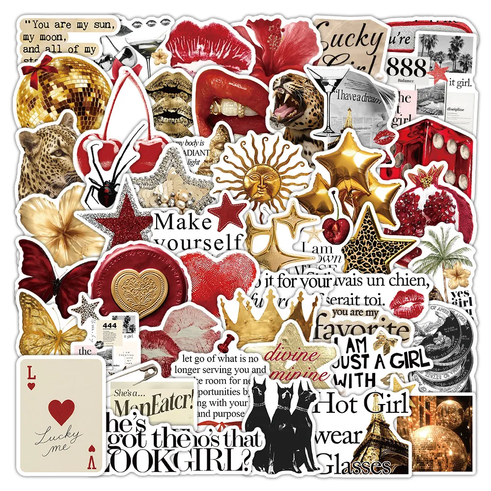52Pcs Vintage Hot Girl Fashion Stickers, Golden Star, Heart & Crown Graffiti Decals for Phone Case & Journal DIY Decor
