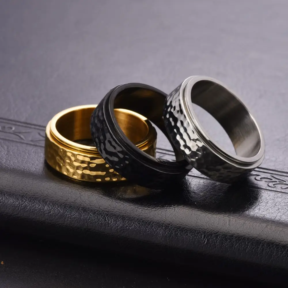 Hammered Moonpits Spinner Ring Rotating Irregular Patterns Meteorite Ring Anti-Stress Vintage Punk Fidget Spinner Women