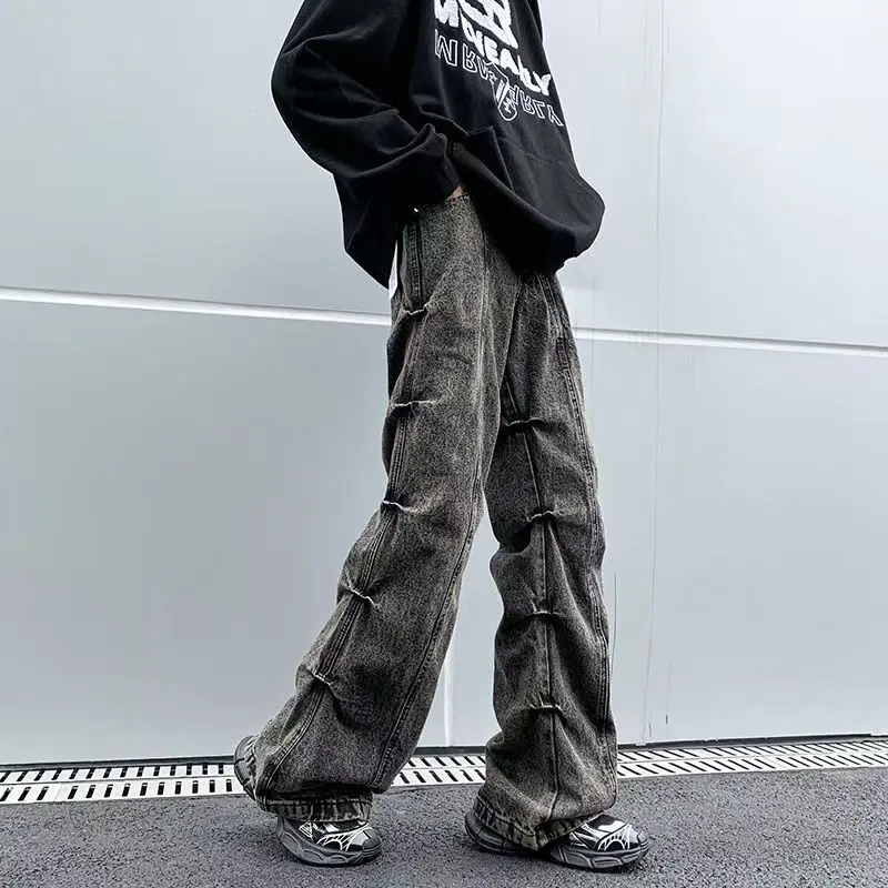 

Y2k American Vintage Pleated Men And Women Retro High Street Flared Jeans High-Waisted Loose Fashion Casual Wide-Leg Pants