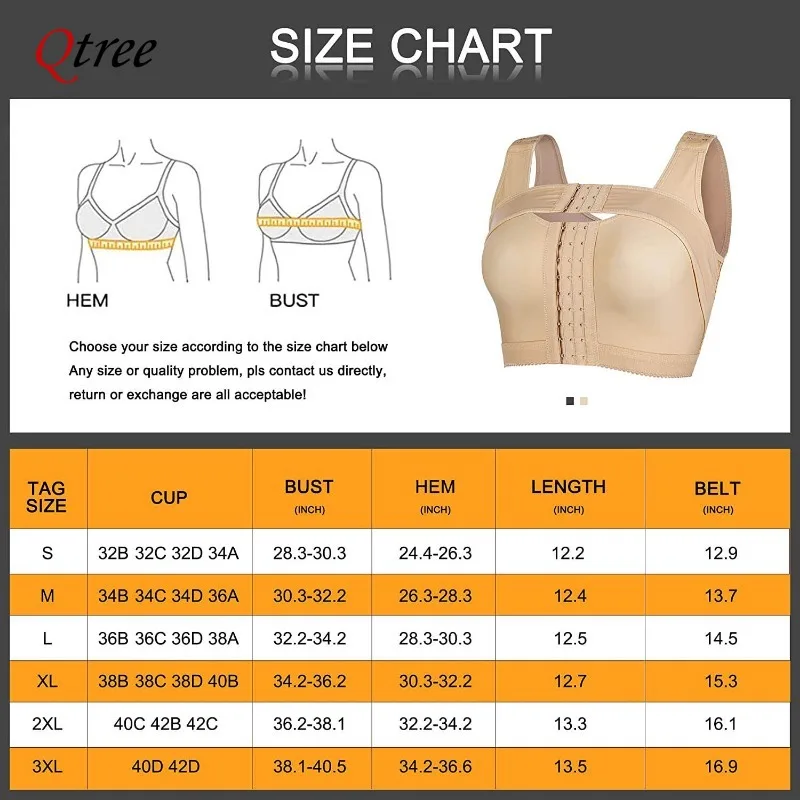 Qtree Womens Post-Surgery Front Closure Push Up Bra Posture Corrector Body Shaper Compression Shapewear with Breast Support Band