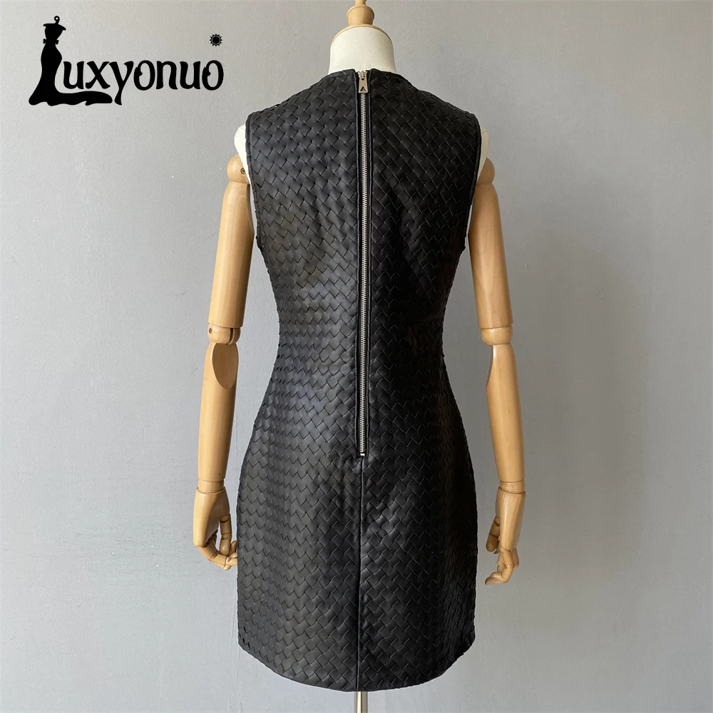 Luxyonuo Women's Real Leather Dress Ladies Spring Weave Sheepskin Sleeveless Dress Genuine Leather Vest 2024 Autumn New Arrival