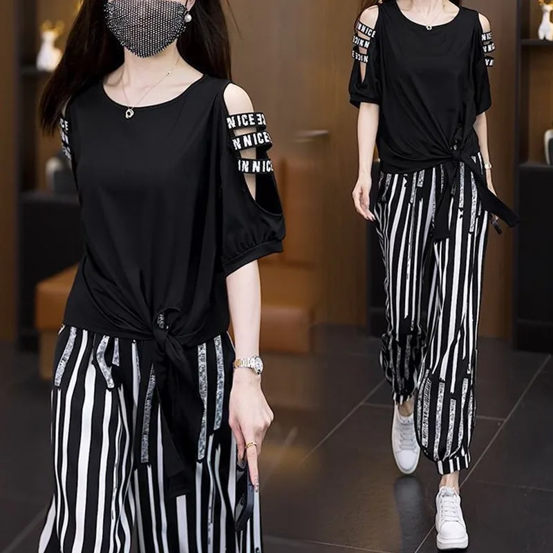 

Fashion Suit Women's 2026 Summer New Fashionable Foreign Off-the-shoulder Irregular Top Striped Pants Large Size Two-piece Set
