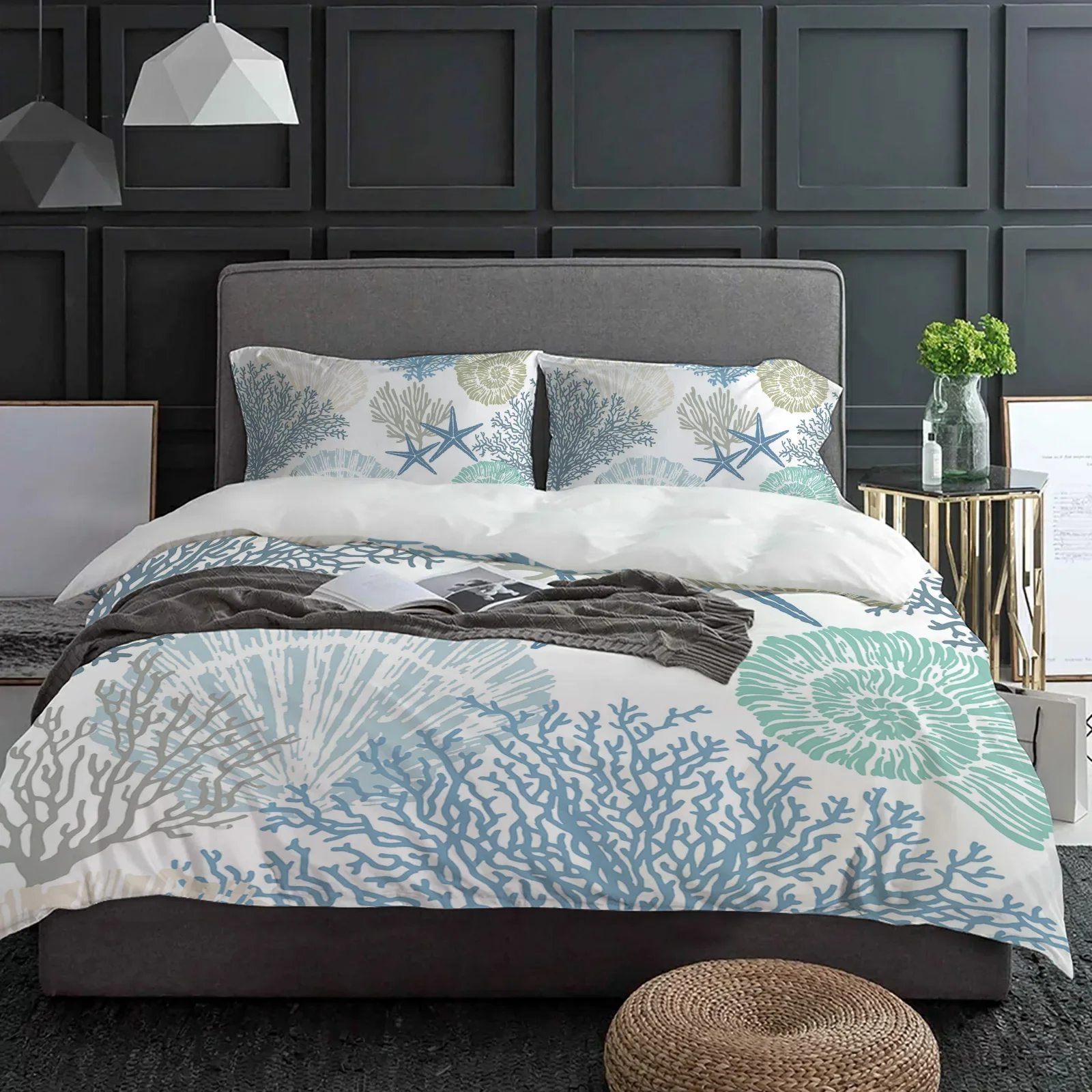 

Blue Marine Coral Shells Starfish Duvet Cover With Pillow Case Custom 3pcs Bedding Set Quilt Cover Double Bed Home Textile