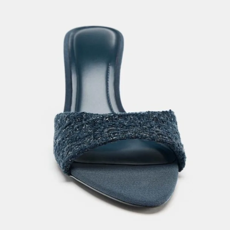 Diseñadores De lujo tacones altos para Mujer único puntiagudo azul sandalias deslizantes De algodón Sexy punta abierta vestido De noche Zapatos De Mujer