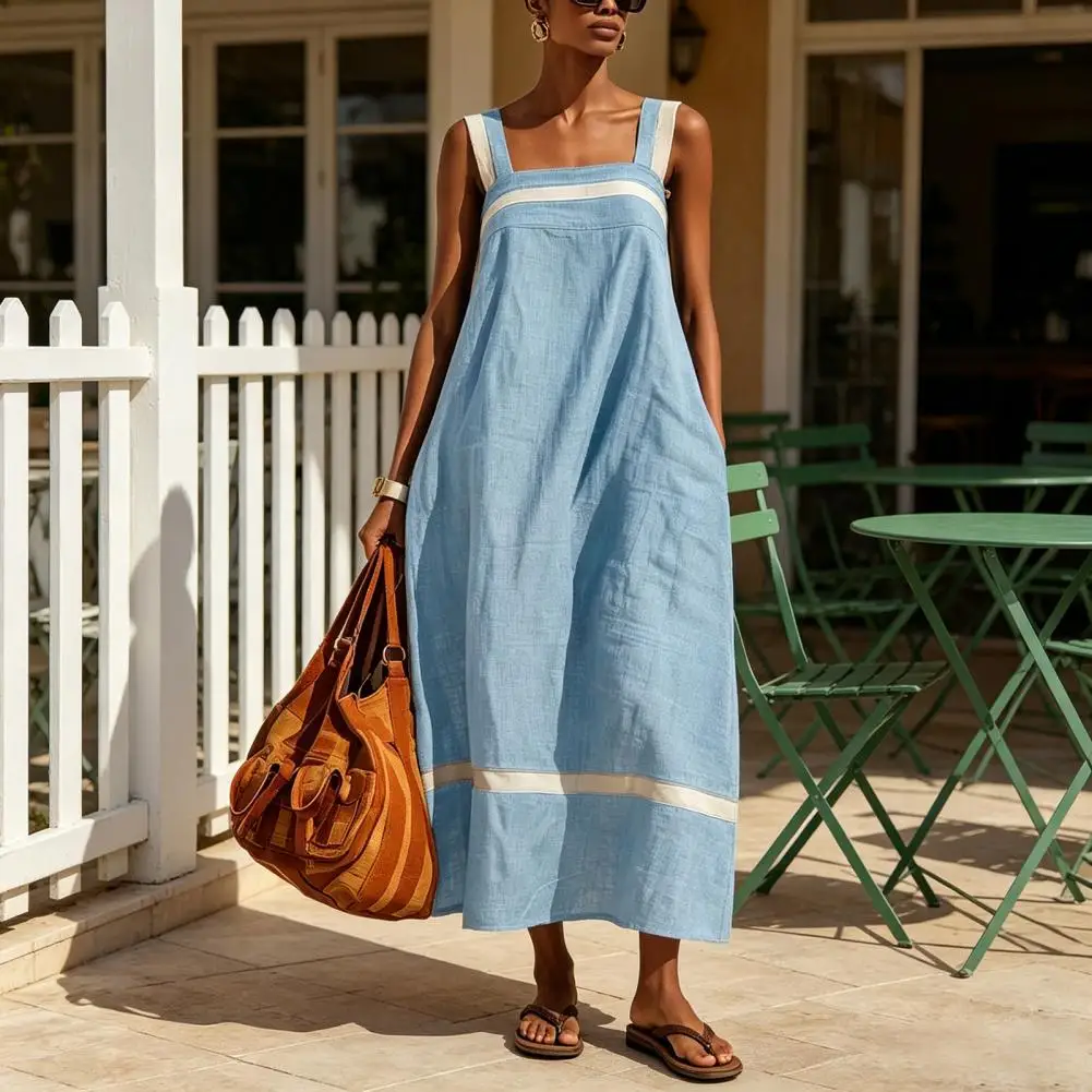 Sommerkleid für Damen, Farbblock Ärmelloses Baumwoll-Leinen-Kleid, Lockeres Urlaubskleid mit Taschen Damenmode