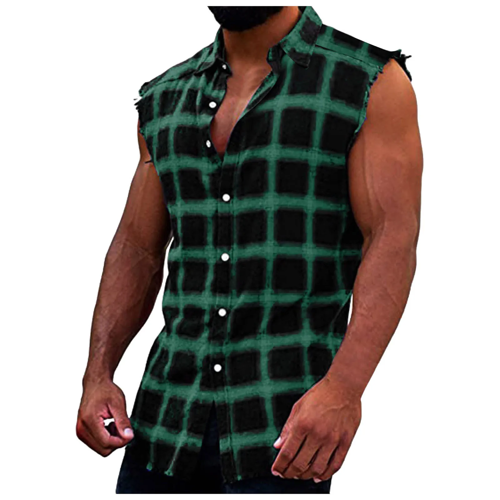 Mens Sleeveless Flannel Tank Tops Casual Loose Button Down Cowboy Plaid Snap Shirts Plus Size Vest Camiseta Masculina Playeras