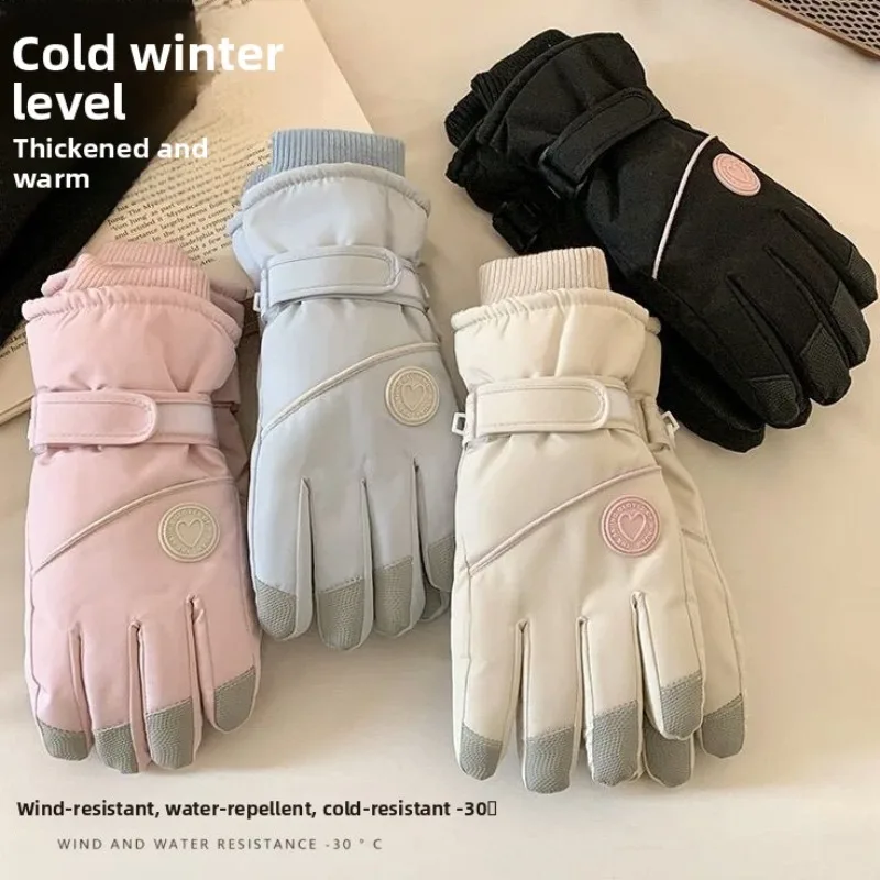 Women Winter Cute Thermal Gloves Velvet Lined Waterproof Touch Screen Outdoor Riding Skiing Cold Proof Soft Warm Thickened Fleec