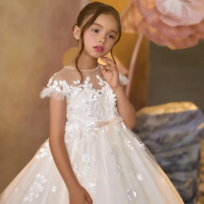 

2026 Royal Princess Train Performance Girls Birthday Ball Gown Floor Length Lace Dress Flower Girl Wedding Long