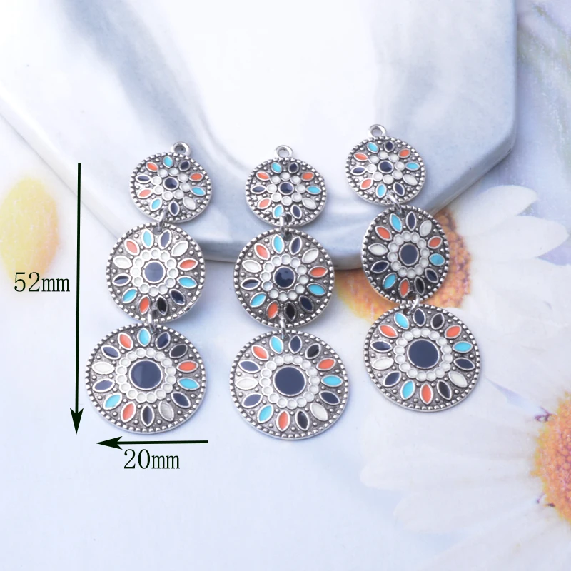 6 Stück/Set Legierung Antikbronze Silberfarben Runde Lange Anhänger Bohemian-Stil Emaille Anhänger DIY Ohrringe Schmuckzubehör – Detail 6