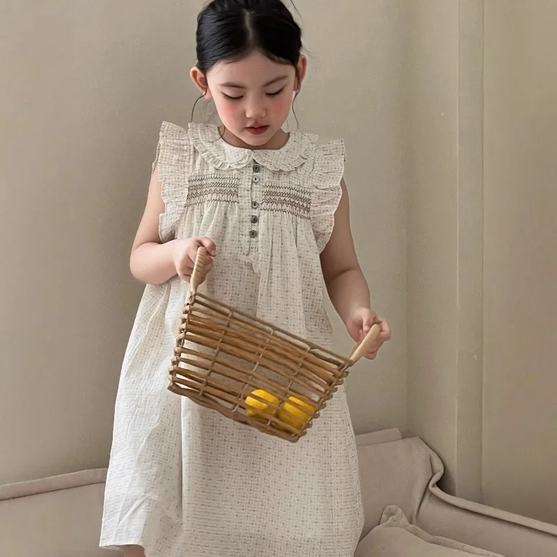 2026 Summer Cross border New Countryside Style Washed Cotton Small and Medium sized Girls' Splicing Flying Sleeve Dress