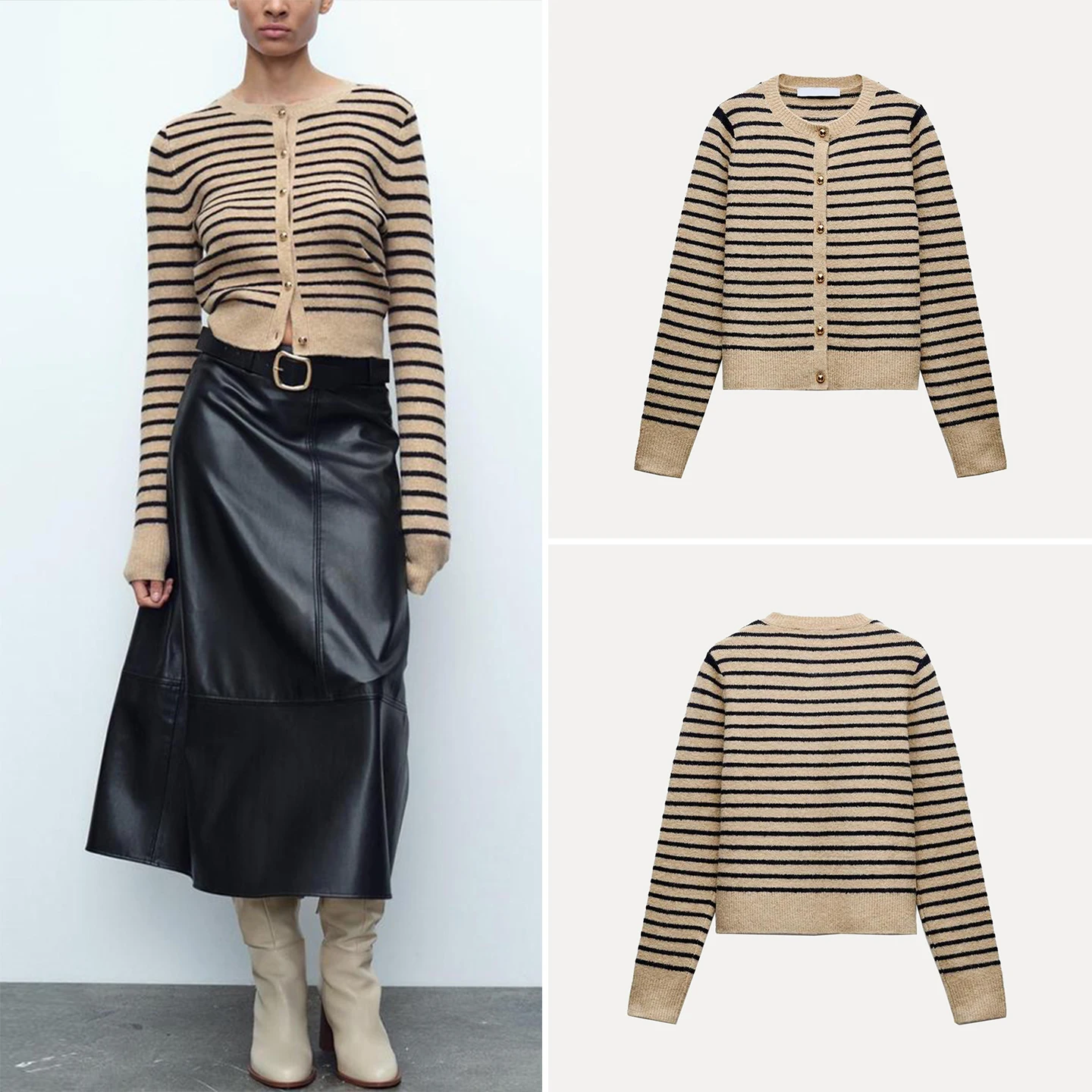 Kardigan Rajut Wanita Motif Cetak Bulat Kerah Bulat Desain Garis-garis Lengan Panjang Gaya Eropa Musim Gugur Produk Baru Merek Z