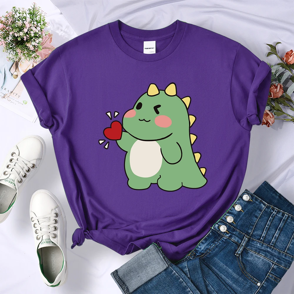 Cute Little Dinosaur Confesses Love Printing Tops Womens Soft Street T-Shirts Sport Hip Hop Tees Clothing Casual Short Sleeve