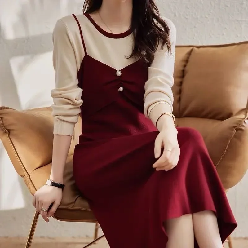 

NMZM Autumn/Winter Round Neck Fake Two Piece Set Elegant Fashion Dress Women's Long Sleeve Beaded Casual Robe Women's Temperamen