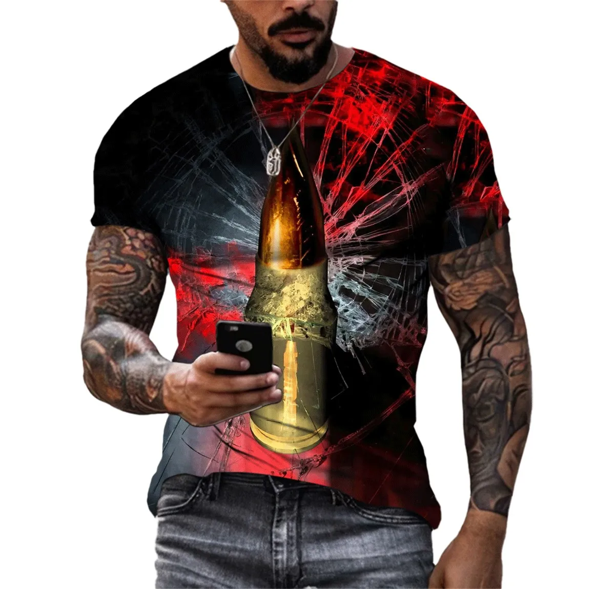 New Creative Summer Men\'s T-shirt Bullet Pattern 3d Printed Tough Guy Style T-shirt Personality Retro O-neck Quick-drying Top