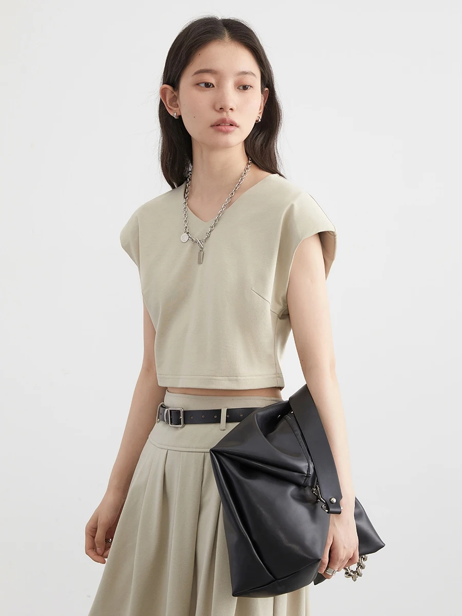 CHIC VEN Women Skirt Loose New V-neck Shoulder Pad Sleeveless T-shirt High Waisted Pleated Long Female Tees Summer 2024