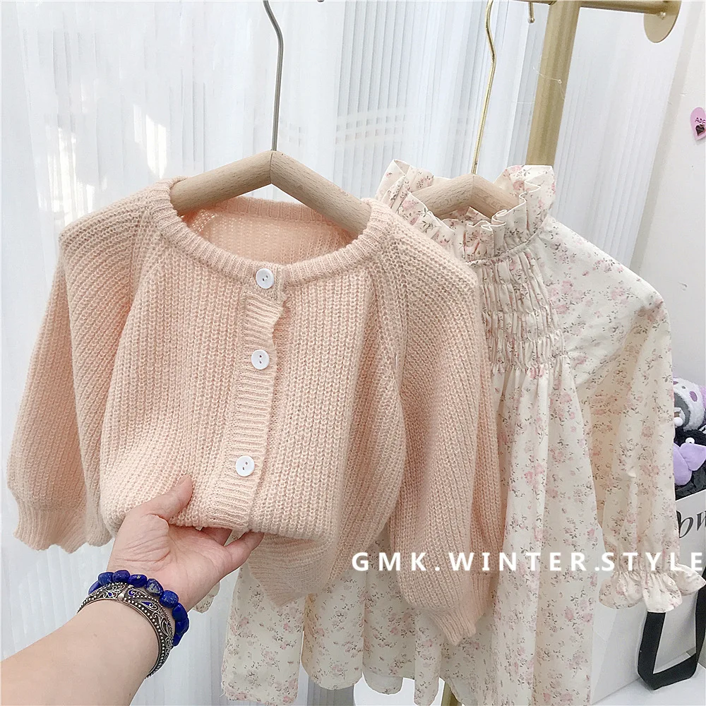 Korean Spring Autumn Children Girl 2PCS Clothes Set Solid Puff Sleeve Cardigan Sweater Turtleneck Printed Dress Baby Girl Outfit