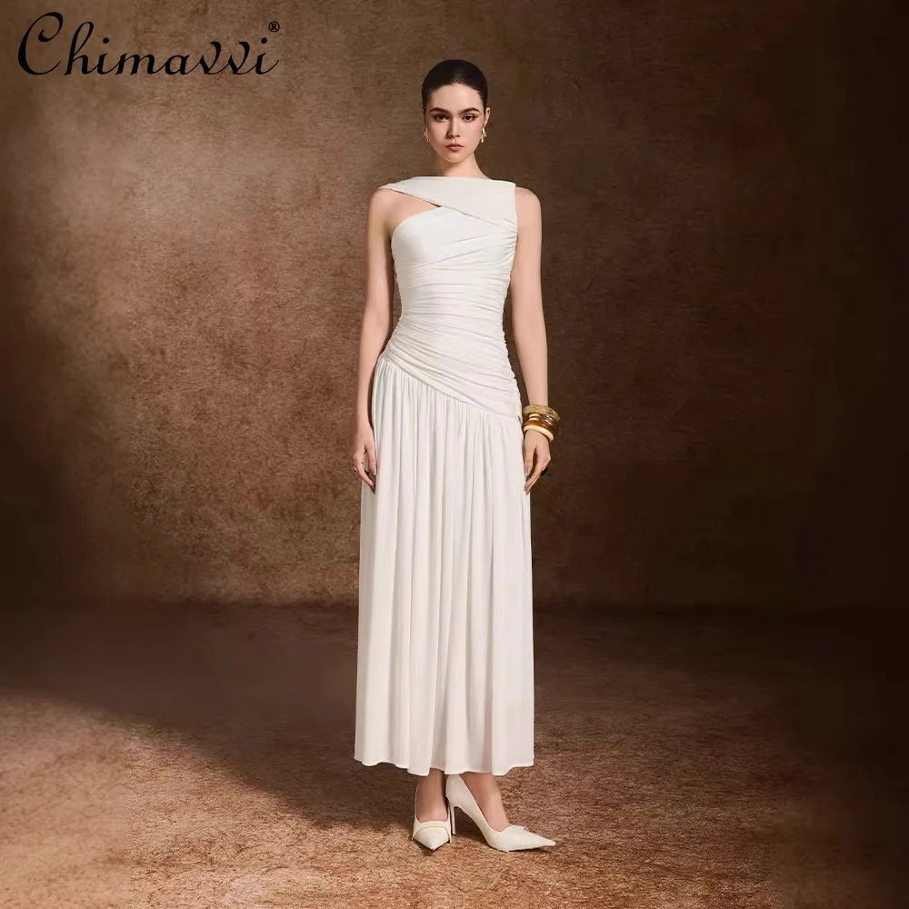 

French Elegant Temperament Socialite Evening Dress Sleeveless High Waist Folds A-line Black Long Dresses For Women 2026 Summer