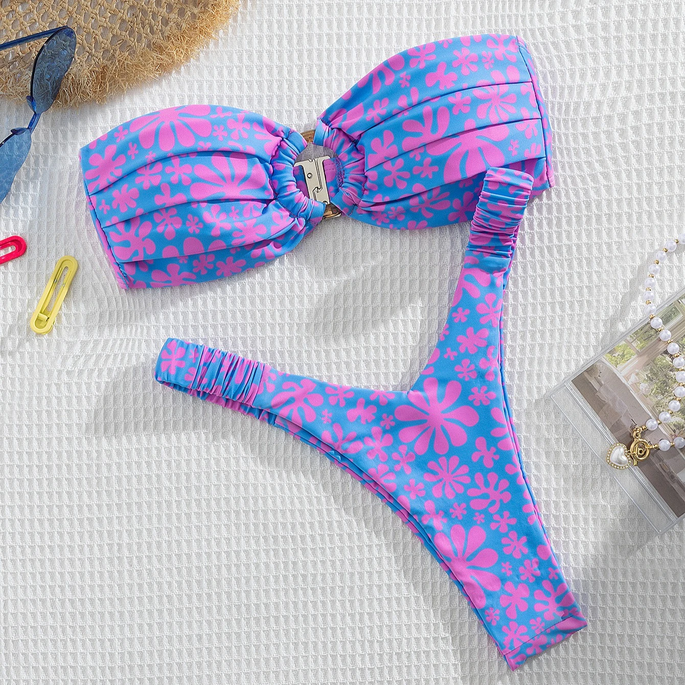 Sexy Bandeau Bikini Women Metal Ringt Linked Pleate Push Up Micro Swimsuit Beach Bathing Suit Women Swimwear Biquine Brasileiro
